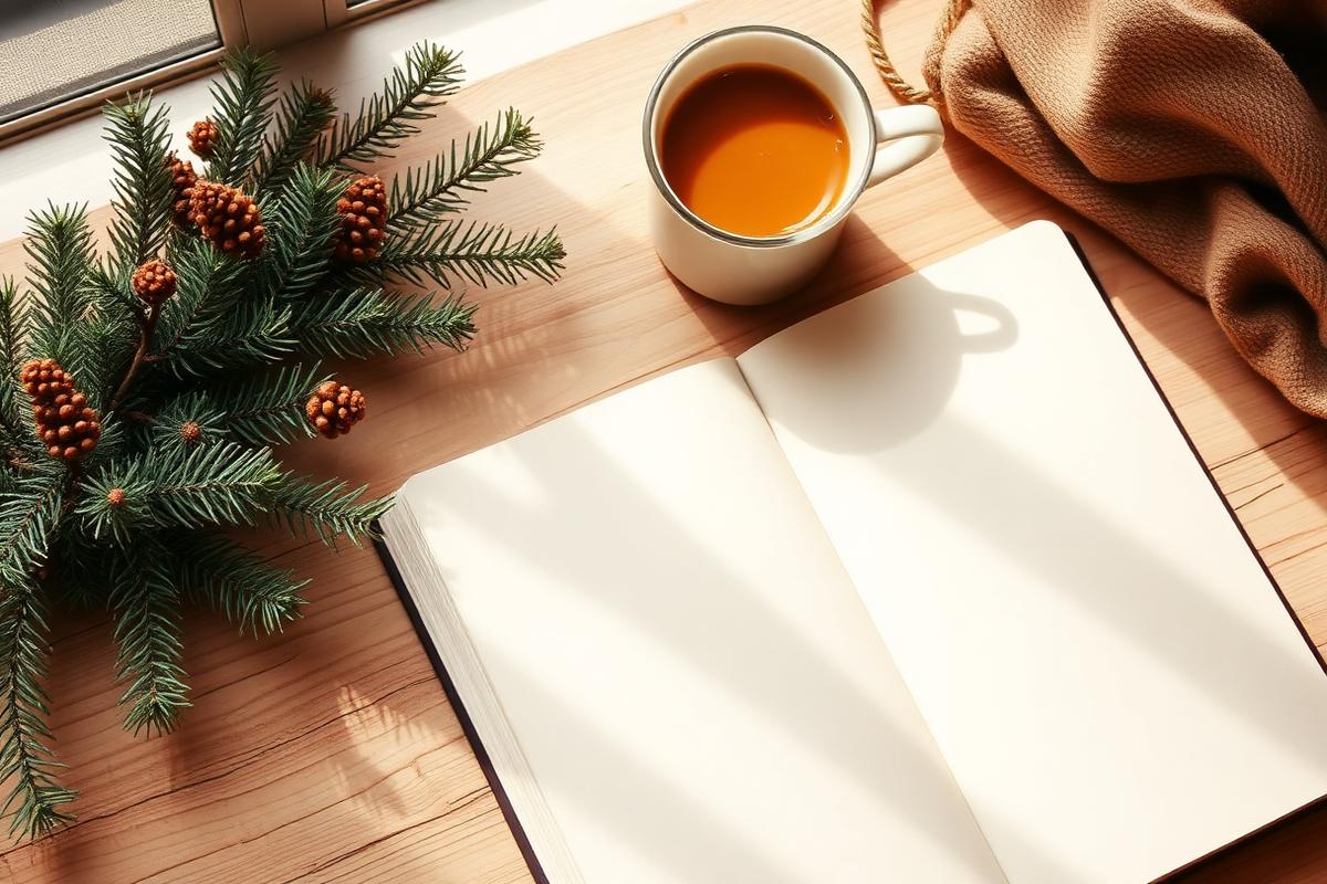 Open journal with spruce branches